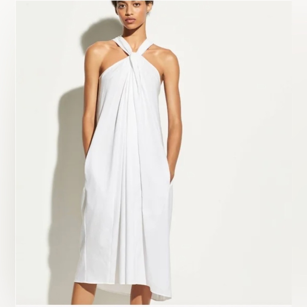Vince White Italian Cotton Halter Midi Dress Twist Neck Size M